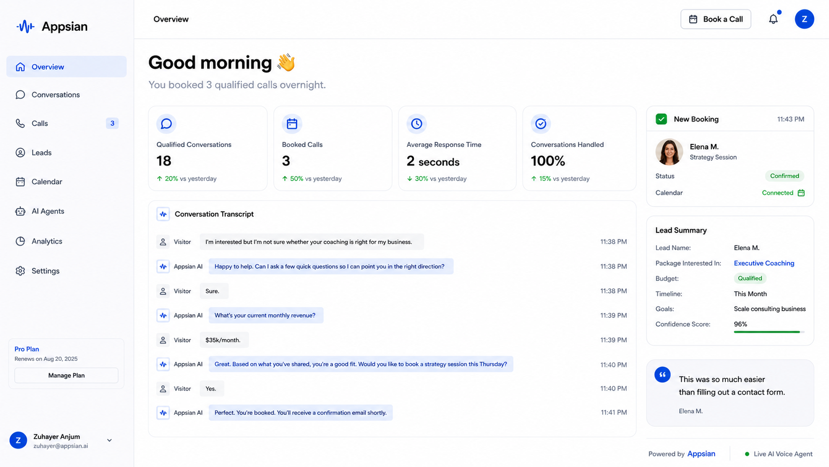 Appsian dashboard showing calls, booked jobs and a call summary